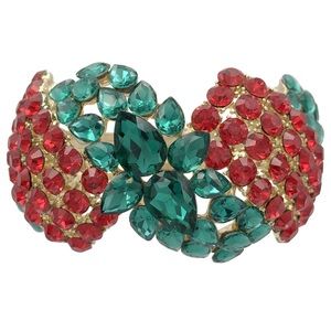 Red & Green Christmas Theme Colors Rhinestone Chunky Hinged Bangle Bracelet